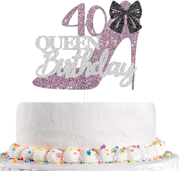 Glitter Queen Birthday 40 Cake Topper for 40th Birthday Cake Decor Women Forty Themed Bday Anniversary Party Decorations Supplies (Mixed Purple,Black,Silver)