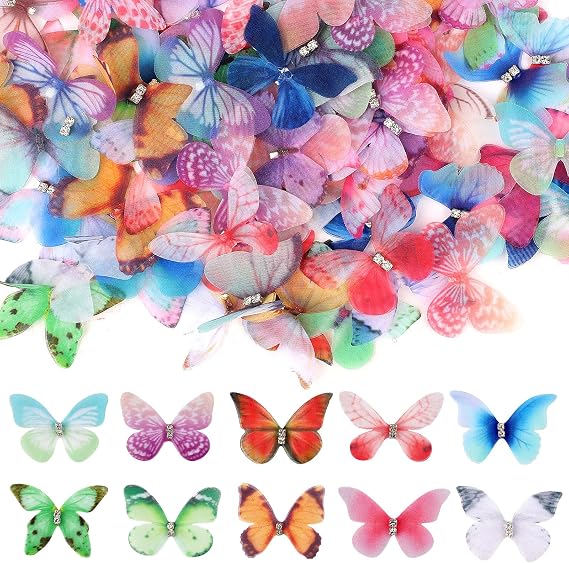 100PCS Beautiful Mini Butterflies for Crafts, Heads Organza Butterfly Set, Butterflies for Crafts, Fabric 3D Butterfly Hair Clips Appliques for Craft Car Cake Wedding Party Decorations