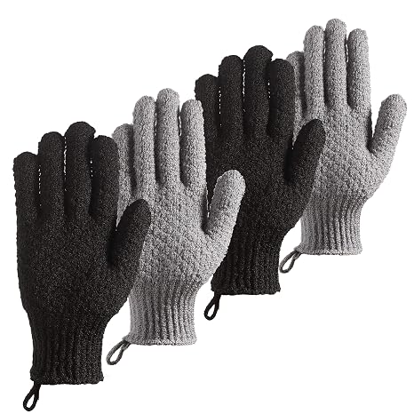 Bath Exfoliating Gloves - Lengthened and Scrubbing Gloves for Shower, Spa, Massage - Scrub Mitts for Body, Face, Hand and Foot ( and ), Black, Gray, 4 Pcs, Large