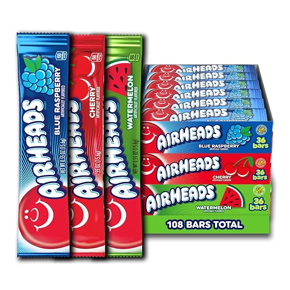 Airheads Taffy Candy Bars Assorted Flavor Bundle: Cherry, White Mystery, Watermelon, Individually Wrapped Candy for Adults & Kids, Treat Bags & Party Favors, 36 Bars (Pack of 3)