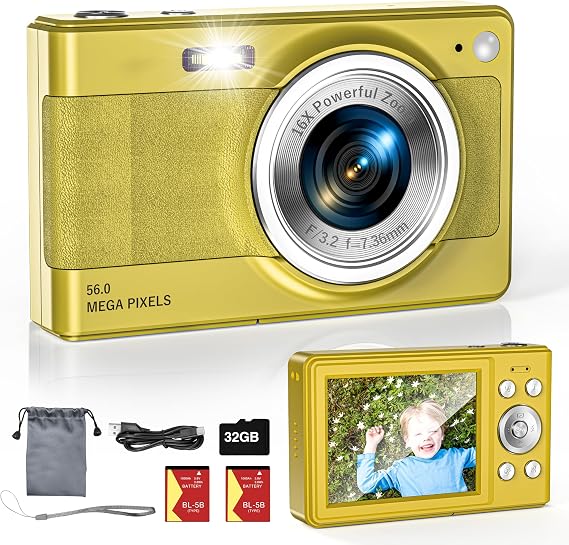 Upgrade Digital Camera, 56MP FHD 1080P Camera for Kids with 16x Zoom Anti Shake, Kid Camera with 32GB TF Card, Two Batteries, Lanyard, Compact Small Camera for Kids Boys Girls(Gold)