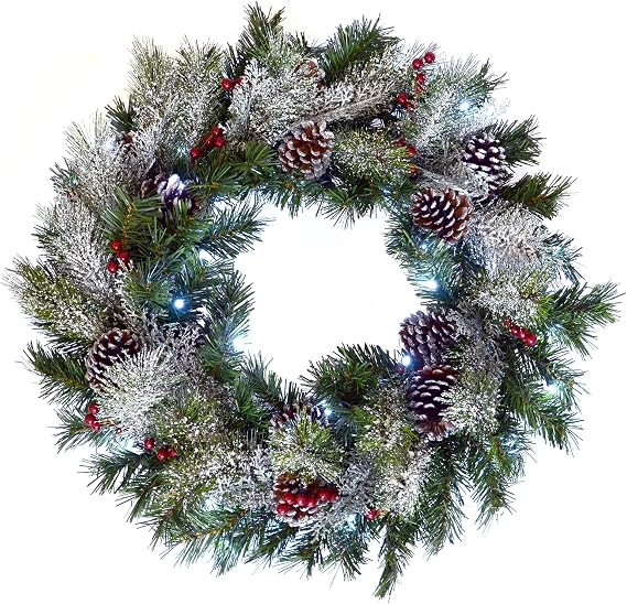 SPARKLES 24" (61cm) Light Up LED Green Snow Frosted Christmas Xmas Wreath Door Decoration