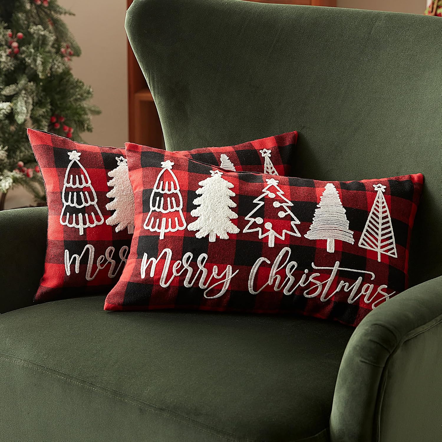 Sonvie Christmas Cushion Covers Set Of 2 with Christmas Tree Decor for Christmas, Soft Decorative Square Throw Pillow Cover 30x50cm(12x20in), Pillows Cases for Bedroom Sofa Couch Decorations