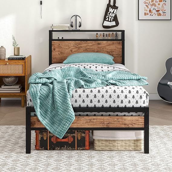 3ft Single Bed Frames Solid Metal Bed Frames with Wood Storage Headboard,Strong Iron Platform Bed Frame Single No Box Spring Needed,Mattress Foundation/Under-bed Storage/Noise Free/Brown