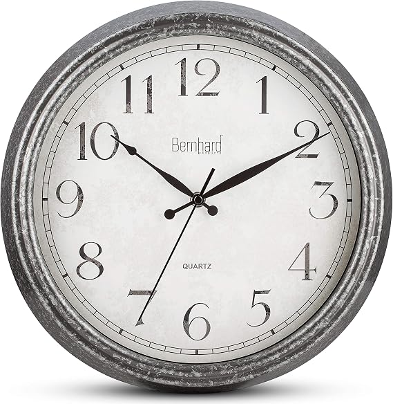 Bernhard Products Rustic Wall Clock 14 Inch Silent Non Ticking, Quartz Battery Operated Decorative Textured Rustic Farmhouse Gray Easy to Read, for Home Kitchen Office