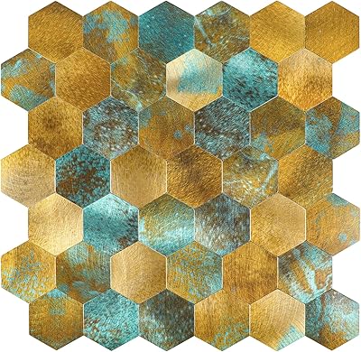 HOMEART Hexagon Peel and Stick Backsplash Tile, Brushed Metal Surface Honeycomb Mosaic Stick on Wall Tiles for Kitchen Bathroom 6 Sheets, Copper