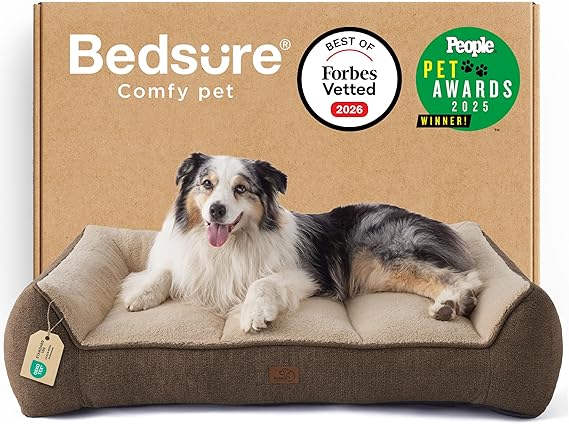 Bedsure Extra Thick Supportive XL Orthopaedic Dog Bed Sofa 106x76cm, Brown | Waterproof Washable Cover, Extra Large Pet Sofa Couch with Soft Plush Sherpa and Nonskid Bottom, Home Decor