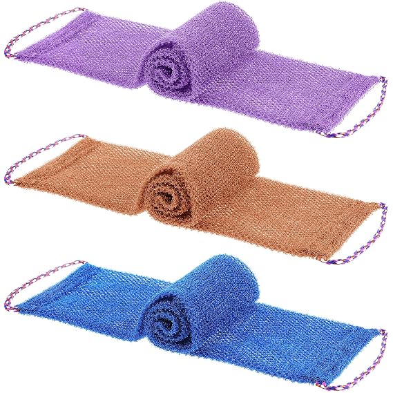 Tegeme 3 Pieces African Exfoliating Net Sponge, Long Exfoliating Bath Back Scrubber with Pull Strap, Nylon Body Shower Loofah for Women Men, Daily Hand Washcloth (Purple, Blue, Coffee)