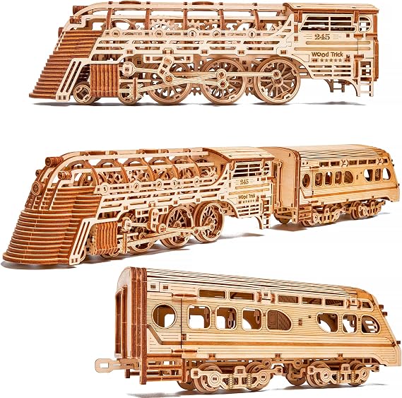 Wood Trick Atlantic Express Train 3D Wooden Puzzles for Adults to Build | [636 Parts] Rides up to 9 Feet - Engineering DIY Locomotive Wooden Model Kit for Adults to Build