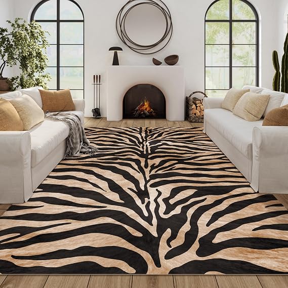 Large Zebra Print Rug 9x12, Brown Area Rug Zebra Rugs for Living Room Animal Rugs Carpet Animal Tiger Print Rug Rustic Black and Gold