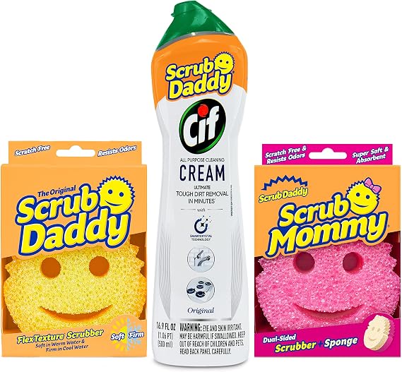 Scrub Daddy OG + Scrub Mommy + Cif All Purpose Cleaning Cream, Original - Multi Surface Household Cleaning Cream Scratch-Free Multipurpose Dish Sponge