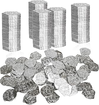 100 PCS Silver Plastic Play Treasure Coins for Pirate Party - St. Patrick's Fake Kids Toy Tokens - Irregular Silver