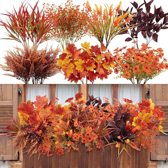 18 Bundles Artificial Autumn Flowers Outdoor Orange Stems