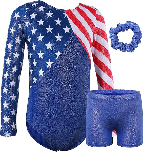 BAOHULU Gymnastics Leotards for Girls Patriotic Glitter Long Sleeve Dancewear with Matching Shorts Set