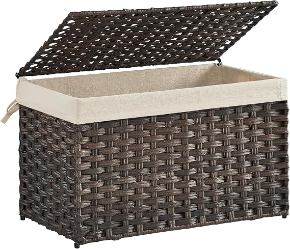 SONGMICS Woven Storage Basket with Lid, 17.2 Gallon (65L), Foldable