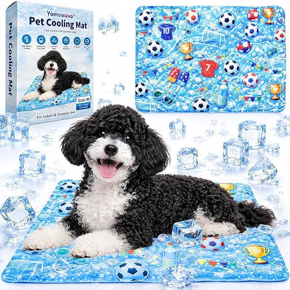 Dog Cooling Mat, Water-Activated Gel Ice Pad for Dogs&Cats, Self-Cooling Mat Soccer Fan Dog Gifts, Waterproof Wipe-Clean, Soccer-Themed Summer Beds for Outdoor&Indoor Medium/Small Pets