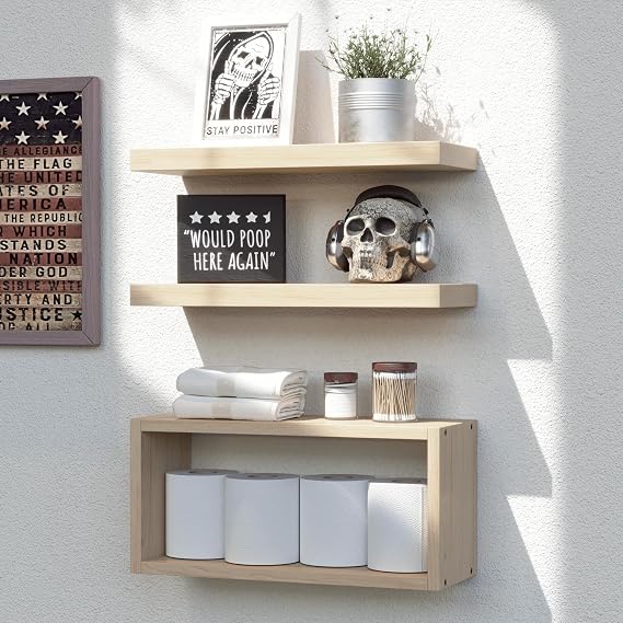RICHER HOUSE 3-Set Floating Shelves, Natural Bathroom Shelf Over Toilet