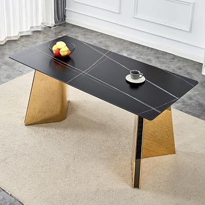63x31.5x30 Black Marble-Patterned Slab Dining Table with Golden Stainless Steel Butterfly Legs – Scratch & Heat-Tabletop, Elegant Modern Design
