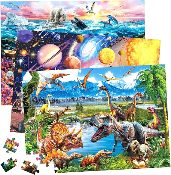 BenBen 3 Pack 100 Pieces Puzzles for Kids Ages 4-6, Dinosaurs Space Ocean | Large Pieces Jigsaw Puzzles for Toddlers 3-5, Screen-free Activity Learning & Educational Toys for Kids 6-8, 19.75 x 13.75
