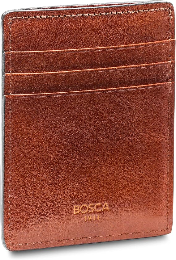 Bosca Men's Leather Card Holder Wallet & ID Case With Magnetic Money Clip, 3 Card Slots, Top Loading Currency Slot For Front Pocket, Full Grain Tanned Leather - Gift Packaging - Amber Brown