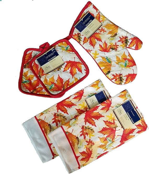 Home Collection 5 Piece Kitchen Linen Set Fall Leaves Theme! Includes: 1 Oven Mitt, 2 Pot Holders and 2 Dish Towels