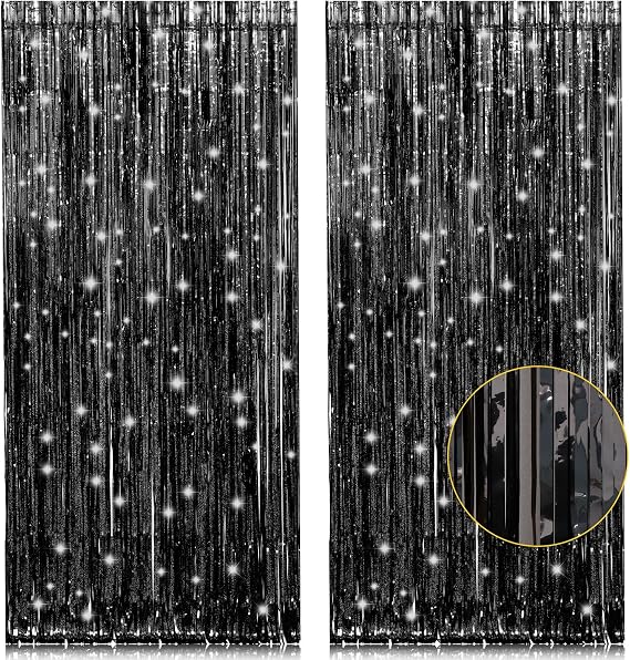 PIGETALE Metallic Tinsel Curtain Party Backdrop, 2pcs 3.2 x 8.2ft Black Foil Fringe Curtains Background, Aluminum Foil Flow Silk Streamers Curtain for Birthday Wedding Halloween Christmas Decorations | Thicker 23 Micron PET with Vivid Black Shine for Doors Walls and Party Photo Areas