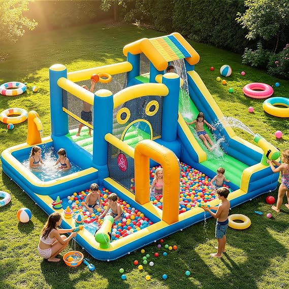 Large Inflatable Water Park with Slide and Splash Pool for Kids, AONESY Inflatable Bouncy Castle Water Sprayers, Climbing, Jumping, Soccer Area, 480W Blower for Indoor Outdoor Backyard