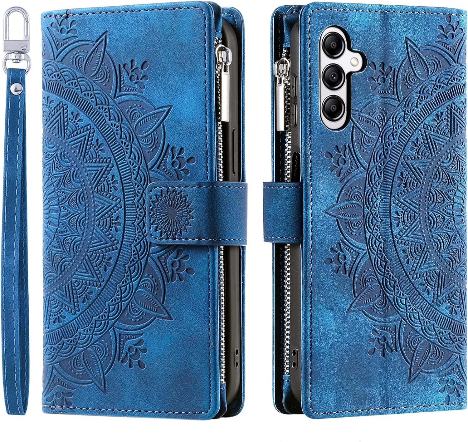 Handyhülle für Samsung Galaxy A16 hülle Klappbar Blumen Handytasche Schutzhülle Klapphülle mit Kartenfach Handy Tasche Book Cover Flip Case Ständer - Blau