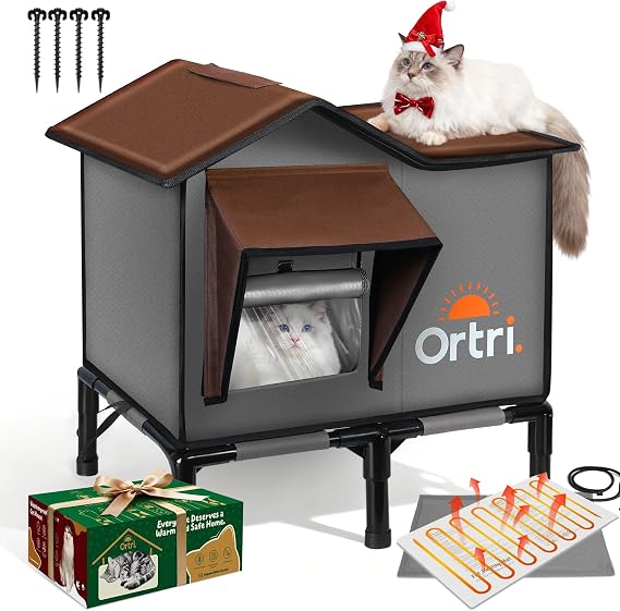 Outdoor Heated Cat House for Outside: Winter Insulated Weatherproof 20"14.3"20.5" Shelter with Heating Pad for Feral Kitty Foldable Out Door Elevated Warm Pet Bed with Extra Large Warming Cathouse