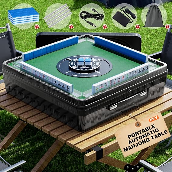 PYY Automatic Mahjong Table - Portable Electric Mahjong Table w/ 144 Magnetic Tiles, Suitable for Chinese & Filipino Style, Auto Shuffling Mah Jong Table for Indoor & Outdoor