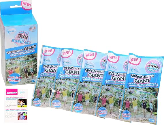 WOWMAZING Big Bubbles Refill - Concentrated Giant Bubble Solution Makes 4 Gallons | 5 Pouches for Kids Fun | USA Made