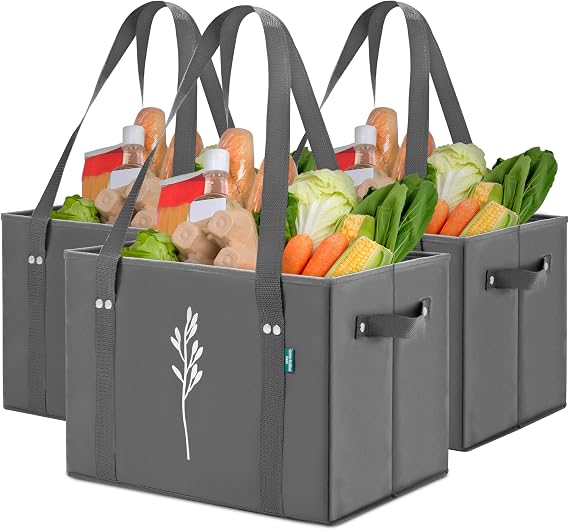 Green Bulldog Reusable Grocery Bags, Tote Bag For Shopping, Grey, 3 Pack