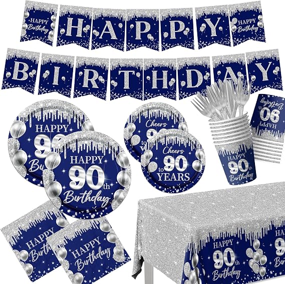 90th Birthday Decorations Tableware Set,142pcs Sliver Blue 90th Birthday Plates and Napkins Cups Tablecloth Supplies Happy 90 Th Birthday Decorations for Men,serves 20