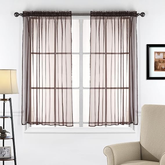Decotex 2 Piece Sheer Voile Transparent Rod Pocket Window Curtain Panel Drape Tier Set (54" X 36", Chocolate)