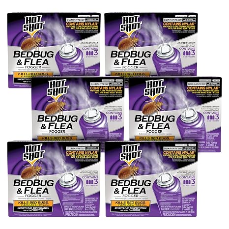 Hot Shot BedBug And Flea Fogger 3 Count-2 Ounce Cans, With Nylar, Inhibits Flea Reinfestation, 6 Pack | Kills Bed Bugs, Fleas, Lice & Ticks, Inhibits Flea Reinfestation up to 7 Months, Use Indoors, Treats 2,000 Cu. Ft.