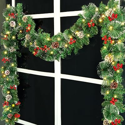 ATDAWN 9 Foot Christmas Lighted Garland, Battery Operated Christmas Garland with Lights, Garland Wreath with Pine Cones for Indoor Home Winter Holiday New Year Xmas Decorations