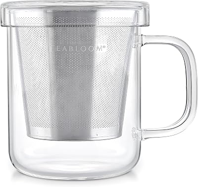 Teabloom Premium Borosilicate Glass Mug with Stainless Steel Loose Leaf Tea Infuser and LidDish - 8 Ounces 240 mL