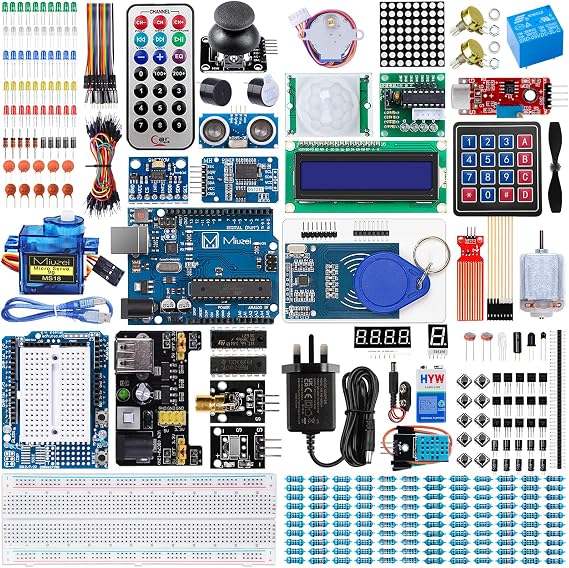 Miuzei Starter Kit Compatible with Arduino UNO R3, Complete Electronics Programming Kit with 248 Components, Breadboard, Sensors, Resistors, Power Supply, LEDs, 42 Lessons