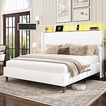 LARMACE Queen Size Bed Frame with LED Lights and Charging Station Linen Upholstered Platform Bed Frame with 51.2" Tall Headboard Wingback and Storage Shelf, No Box Spring Needed, Noise Free, Cream
