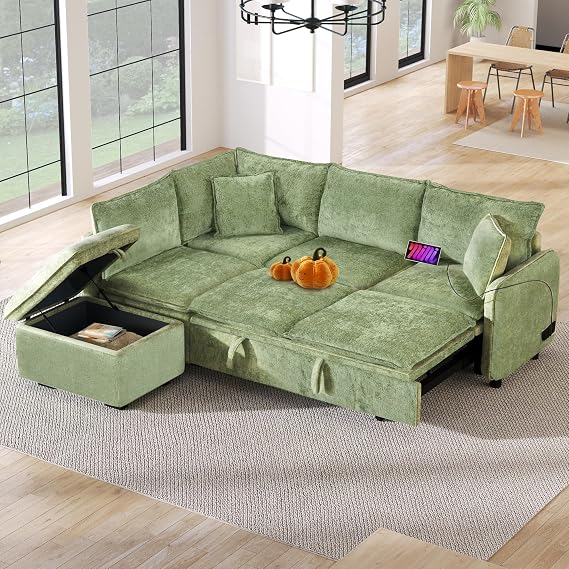 Convertible Sectional Sofa Couch Sleeper Sofa Bed with Storage Ottoman, 2 Pillows, 2 Power Sockets and 2 USB Ports for Living Room, Green
