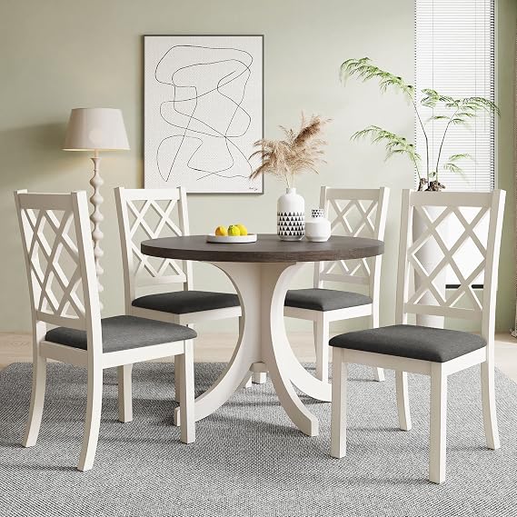 42-Inch Round Dining Table Set for 4 with Curved Base,5-Piece Dining Table Set,with 4 Chairs,Space-Saving,with Mid-Century Design,for Kitchen and Dining Room Use (Brown-02)
