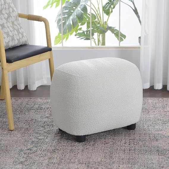 KINWELL Round Boucle Upholstered Ottoman Chair Padded Seat Footstool, Beige