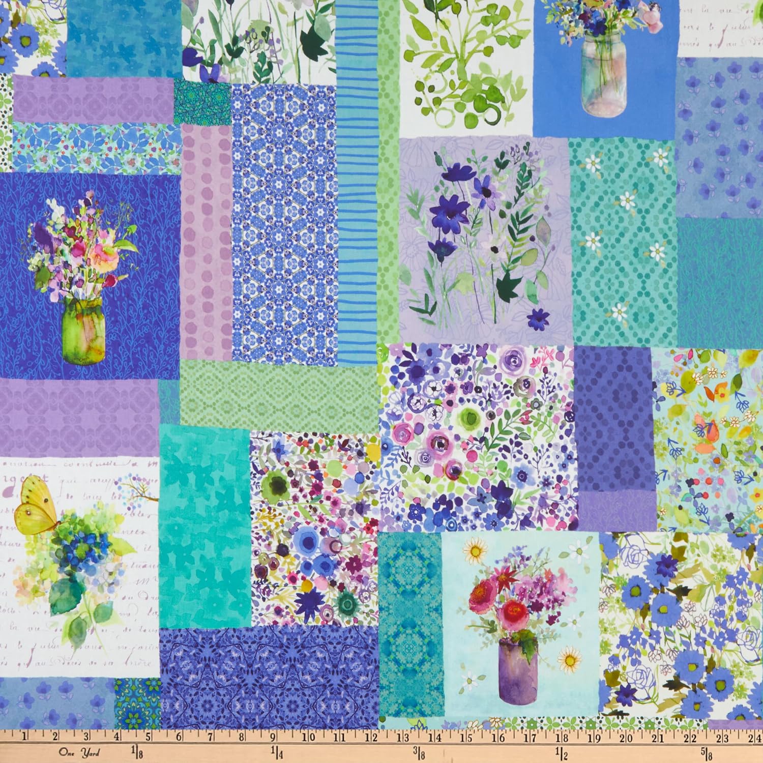 Clothworks Digital Painted Patchwork Collage Fabric, Dark Periwinkle