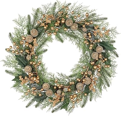 Artificial Christmas Wreath for Front Door - 24 Inch Winter Wreaths with Gold Berries & Frosted Apples Faux Greenery for Wall Window Porch Farmhouse Home Holiday Indoor Outdoor Decor