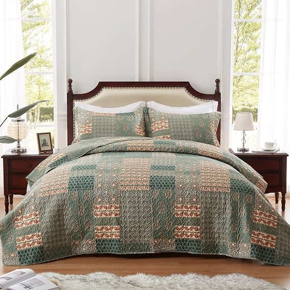 LEAONME Green Queen Size Paisley Bedspread & Solid Color Quilt Set