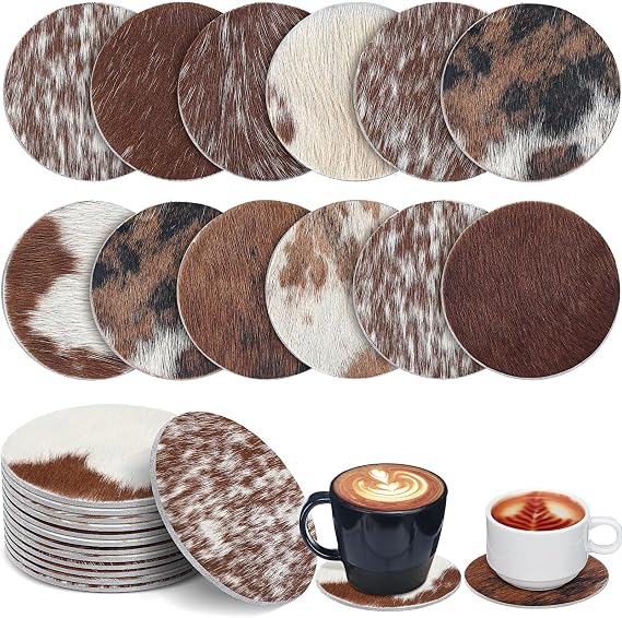 Hushee 12 Pcs Cowhide Coasters Round Natural Leather Drink,Classic