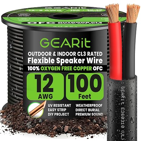 GEARit 12 Gauge Speaker Wire OFC 100 ft,UL CL3 Rated 12 Gauge Wire Copper Wire with Polarity Mark,Audio Cable for in-Wall,Home,Car,Outdoor,Garden,Commercial Audio Systems,OFC(Black,2-Conductors)