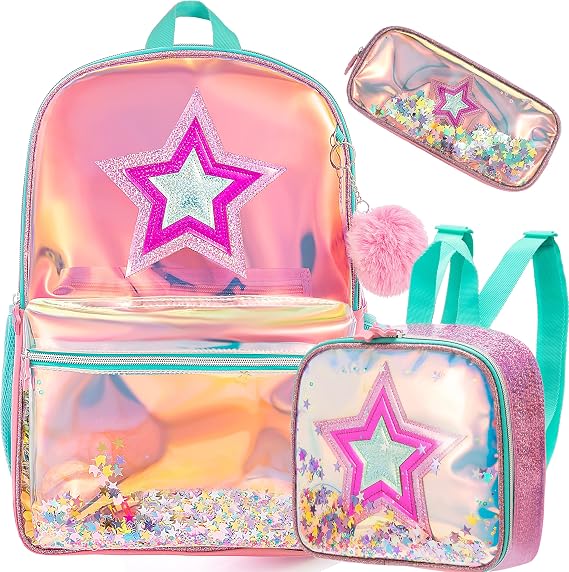 Meetbelify Backpack Girls Backpacks for Elementary School Kindergarten Kids School Cute Backpack with Lunch Box, Pink Star Bag, M, Classic, Pink Star Bag, M