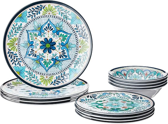 Talavera Melamine 12-Piece Dinnerware Set Multicolored Plates and Bowls for 4, Spanish Tile-Inspired, Durable, Lightweight, Shatterproof, Dishwasher Safe, Indoor Outdoor Tableware