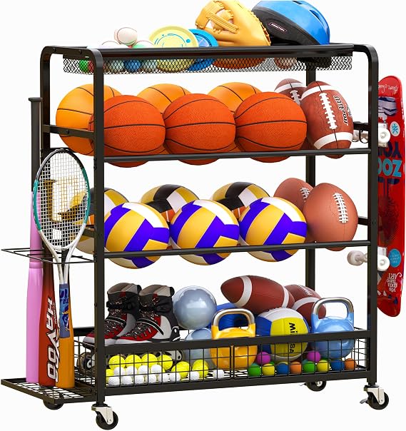 Jsskeeim Basketball Rack,Sports Equipment Organizer with Wheels,Rolling Ball Storage Rack,Double-Row Basketball Hoop Holds with Baseball Bat Holder and Hooks,Stores Basketballs,Soccer Balls,Footballs